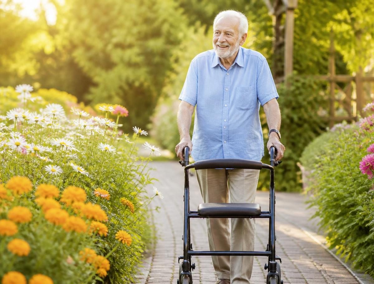 An older man walking with a rollator along a bright flower garden path