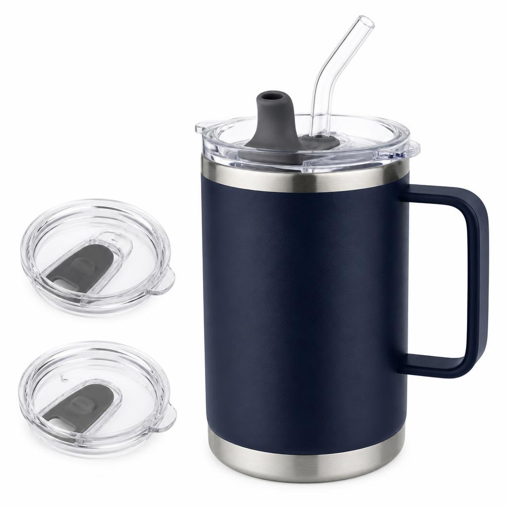 Insulated No-Spill Mug with Handle, Straw, and Spout Lids
