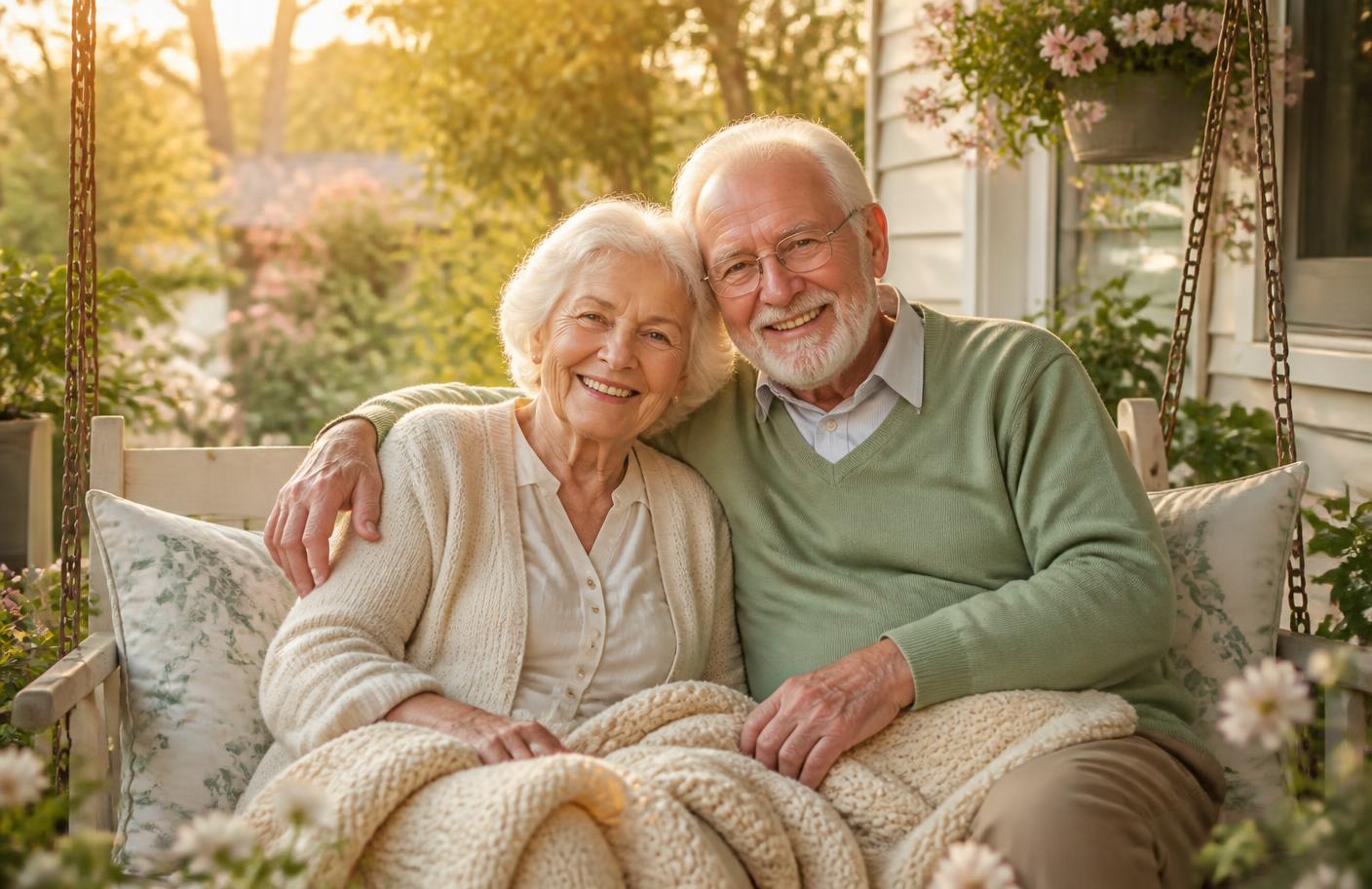 An older couple smiling together on a flower-lined porch swing